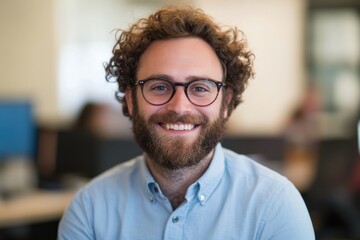 Obraz premium Smiling man with beard curly hair thick-rimmed glasses light blue button-up shirt office setting