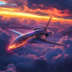 Sleek Private Jet Soaring Above Sunset Clouds