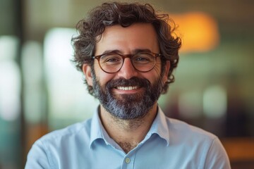 Fototapeta premium Smiling man with beard curly hair thick-rimmed glasses light blue button-up shirt office setting