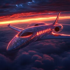 Fototapeta premium Sleek Private Jet Soaring Above Sunset Cloudscape