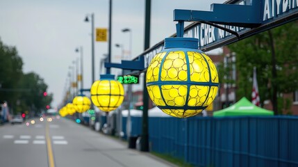 Vibrant Yellow Street Lights  Cityscape  Urban Decor  Summer Festival