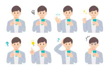 スマホを見ながらいろいろな表情･ポーズをする若い男性のセット【人物ベクターイラスト素材】