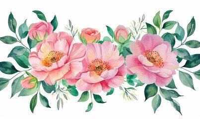 Bouquet made of pink watercolor flowers and green leaves, wedding and greeting