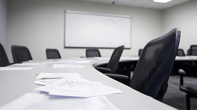 Empty meeting room with scattered budget papers and vacant chairs, symbolizing the aftermath of intense decision-making and strategic planning sessions.