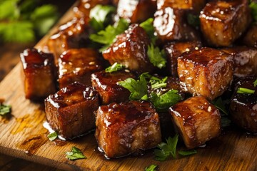 Succulent glazed pork belly caramelized meat cubes vibrant green herbs