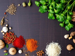 Aromatic spices and culinary ingredients arranged on dark wooden surface forming frame, empty space in middle, spices, frame