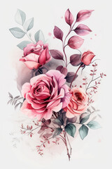 Pink flower bouquet with beautiful branches and leaves. Wedding concept. Watercolor