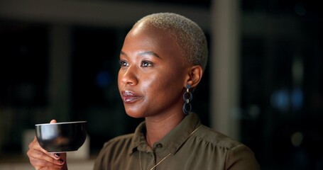 Night, business woman and idea with coffee, planning and brainstorming with overtime break. Black person, employee and thinking with drink, cappuccino and accountant project proposal deadline