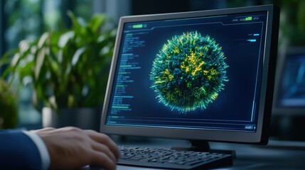 Futuristic Data Visualization on Computer Screen with Programmer's Hand, Displaying Complex Network and Colorful Organic Structure in Modern Office Environment