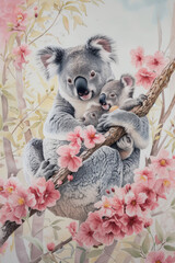 Mommy koala with baby of flowers, in the style of realistic watercolor