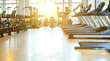 Bright and Inviting Gym Environment with Workout Equipment and Morning Sunlight Streaming In