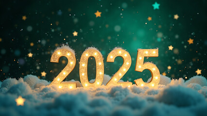 2025 New Year celebration with snow and lights. Concept of winter holidays and new beginnings.