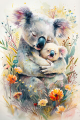 Mommy koala with baby of flowers, in the style of realistic watercolor