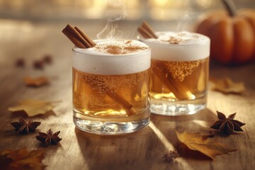 Two steaming glasses of autumn-themed beverages with foamy tops and cinnamon stick