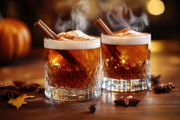 Two steaming glasses of autumn-themed beverages with foamy tops and cinnamon stick