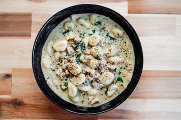 creamy gnocchi with spinach and tofu chunks