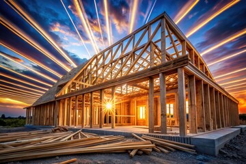 Obraz premium Long Exposure Construction Photography: New Home Wood Frame Roof Building Process