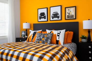 A bold and artistic bedroom featuring bright colors, eclectic decor, and a gallery wall with unique artwork