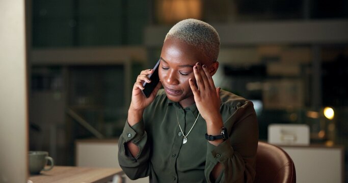Night, business woman and frustrated with phone call, planning and brainstorming with overtime. Black person, employee and accountant with negotiation, stress and project proposal consulting deadline