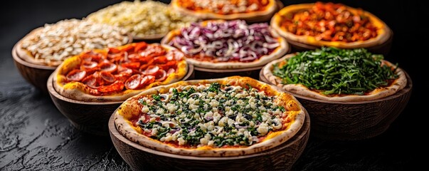 Fototapeta premium Assorted pizzas in wooden bowls, rich toppings, dark background.