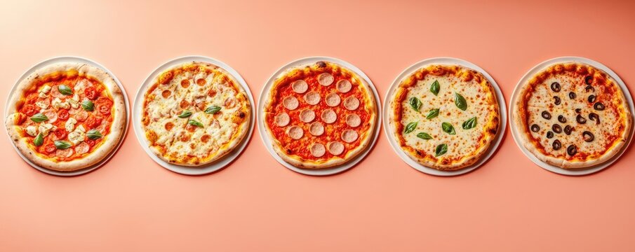 Variety of pizzas on plates against a pink background.