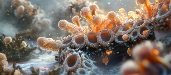 Virus shaped like a coral reef, intricate organic details, underwater aesthetic 