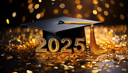 Close-up of a -2025- graduation cap surrounded by golden confetti, capturing the festive spi