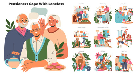 Pensioners Cope With Loneless. Flat Vector Illustration