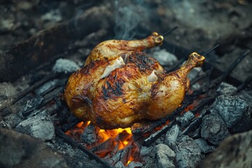 Delicious roasted chicken grilled over coals