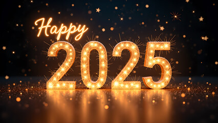 Happy New Year 2025 with glowing lights. Concept of celebration, party, and holiday.