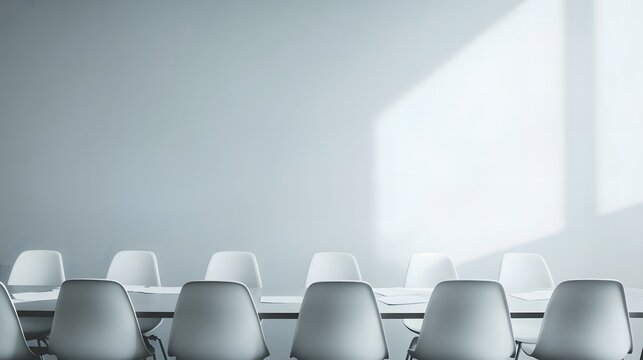 Empty meeting room with scattered budget papers and vacant chairs, symbolizing the aftermath of intense decision-making and strategic planning sessions.