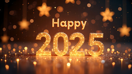 Happy New Year 2025 with golden lights. Concept of celebration, holiday, and new beginnings.