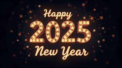 Happy New Year 2025 with golden lights. Festive celebration concept.