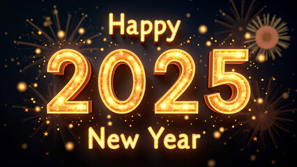 Happy New Year 2025 with golden lights. Celebration concept.