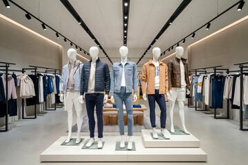 Bright clothing store with mannequins, neatly arranged racks invite exploration