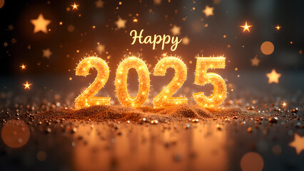 Happy New Year 2025 with sparkling golden numbers. Festive celebration concept.