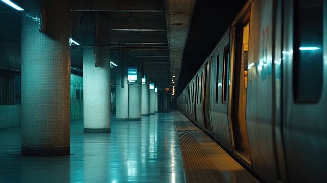 Empty subway station with illuminated train cars, showcasing the tranquil ambiance of urban public transportation infrastructure at night.