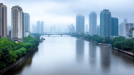 Naklejka premium A Serene Morning View of a Modern City Skyline Reflecting on a Calm River Amidst Misty Weather and Lush Greenery Under Overcast Skies