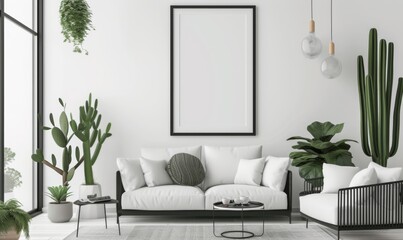 Trendy white living room with modern decoration, simple home decor. Room with black furniture, frame, cactus and some plants