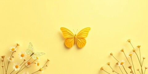 Blank space in the center with a soft pastel easter yellow background, adorned with elegant butterfly designs created by artificial intelligence, butterfly, easter