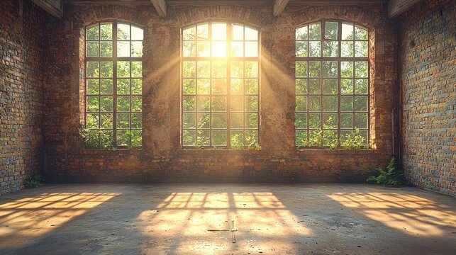 Sunlit Brick Warehouse Interior   Rustic Industrial Space  Abandoned Building  Large Windo