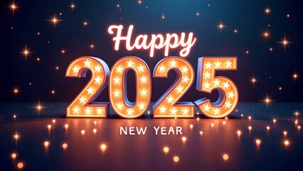 Happy New Year 2025 with glowing lights. Concept of celebration, party, and holiday.