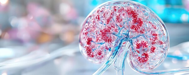 Kidney function process, nephron network detail, 3D illustration