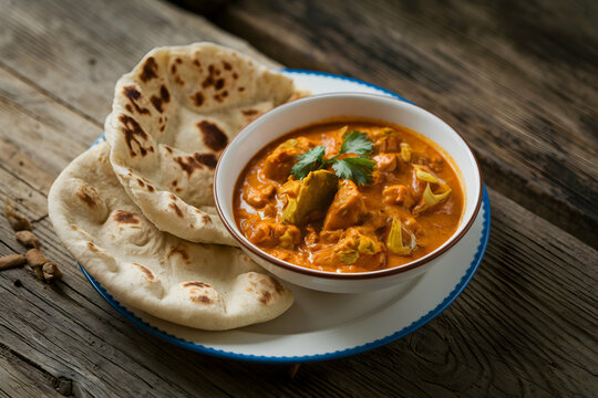 Flatbreads and curry bowl create comforting, rustic meal on wooden table