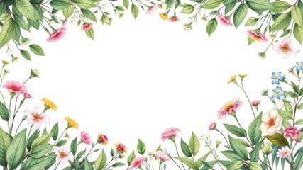 Fototapeta premium Botanical leaves and flowers forming a vertical frame with a white border in the center, vertical, leaves