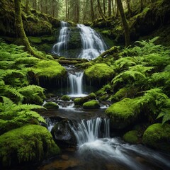 Fototapeta premium A cascading mountain forest waterfall surrounded by vibrant green moss and ferns.