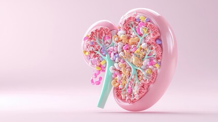Human kidney cross-section, intricate filtration system, 3D illustration
