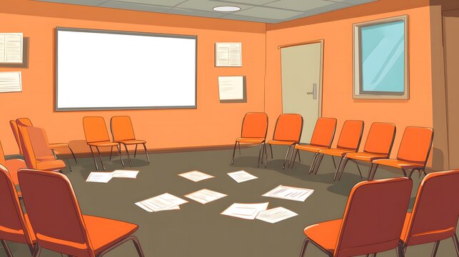 Empty meeting room with scattered budget papers and vacant chairs, symbolizing the aftermath of intense decision-making and strategic planning sessions.