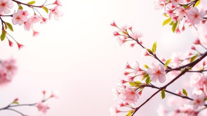Fototapeta premium Cherry blossom branches forming a delicate frame with blank center space, backdrop, frame
