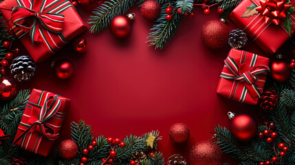 Aerial View of Christmas Gifts with Pine Tree Red Background